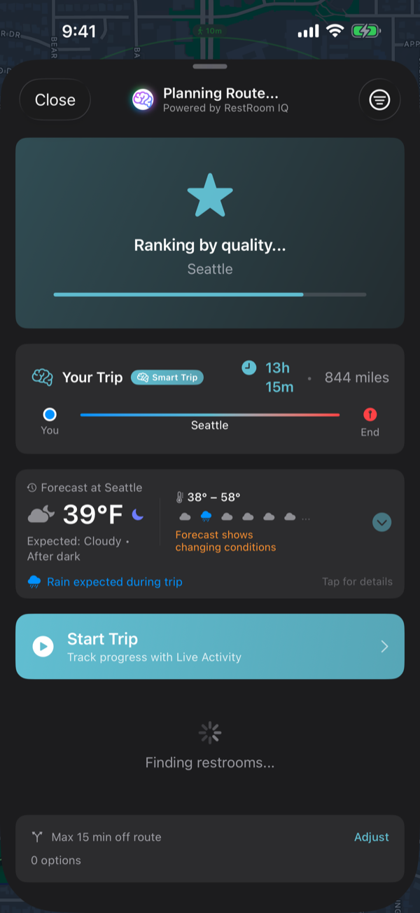 RestMap trip plan with quality grades for each stop